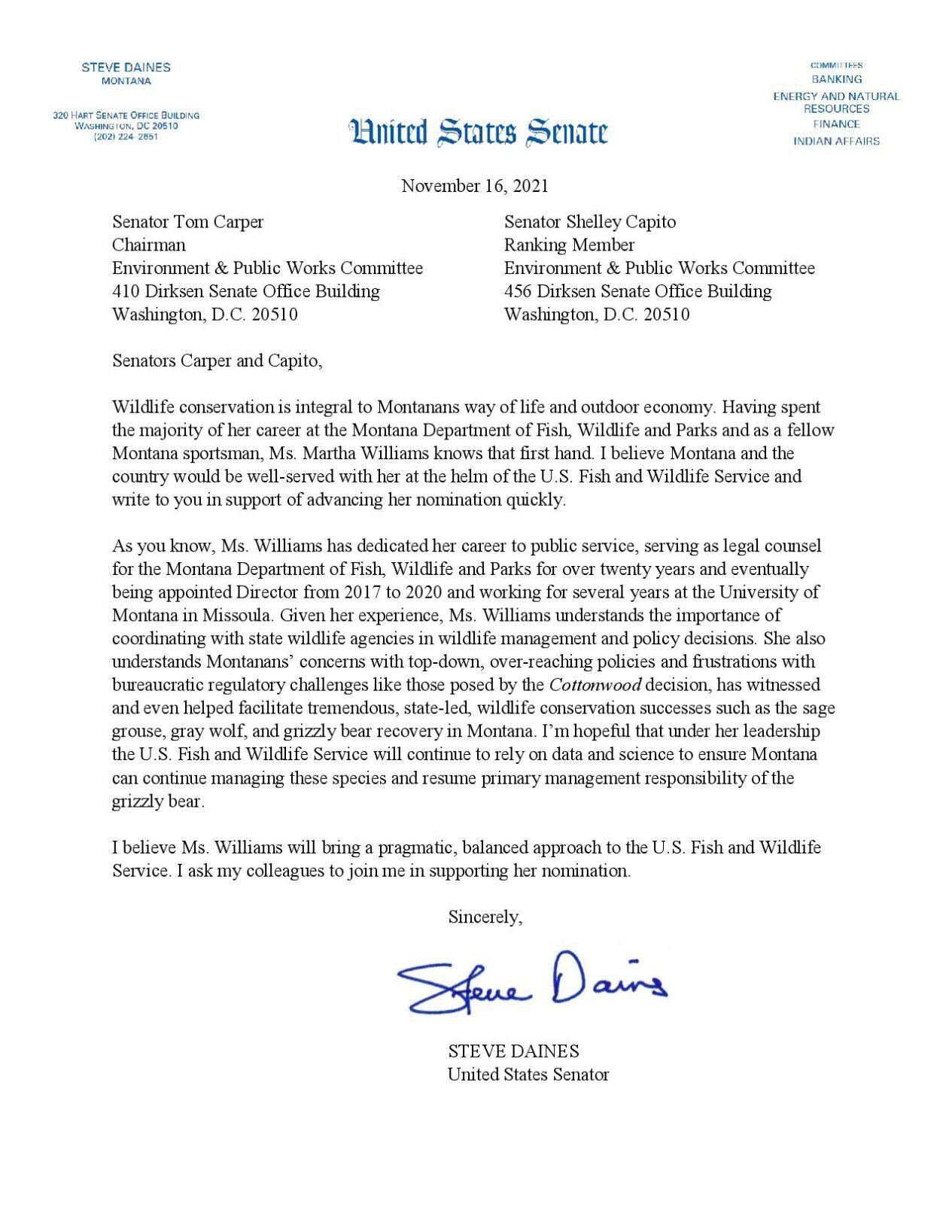 Daines letter on Williams